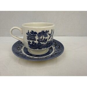 Vintage Churchill Blue Willow Tea Cup and Saucer Set Made in England China